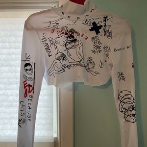 NWOT White asymmetrical crop top graffiti print